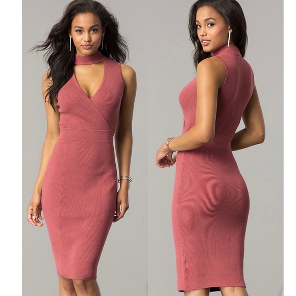 XOXO Dusty Rose Ribbed Knit Short Bodycon V-Neck Party Dress with Choker Collar - Picture 1 of 8